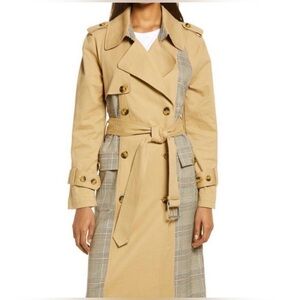 Avec Les Filles Plaid Combo Cotton Blend Trench Coat